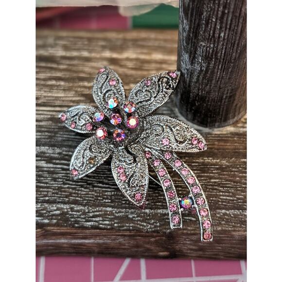 Pink AB Crystal Silver Tone Filigree Floral Brooch - Picture 1 of 5